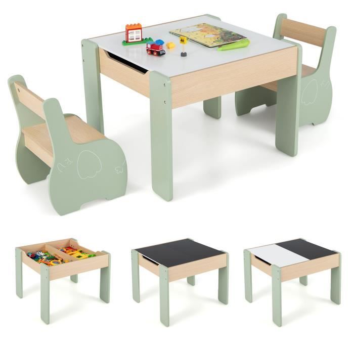 COSTWAY Juego de mesa y 2 sillas infantiles 3 en 1, mesa de doble cara (blanco y negro) con función de almacenamiento, madera verde