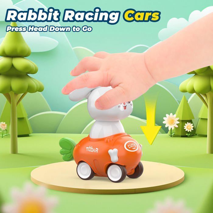 Rabbit Car Toy for Children Ages 1, 2, and 3 - Set of 4 Push-Along Vehicles - Educational Gift for Girls and Boys