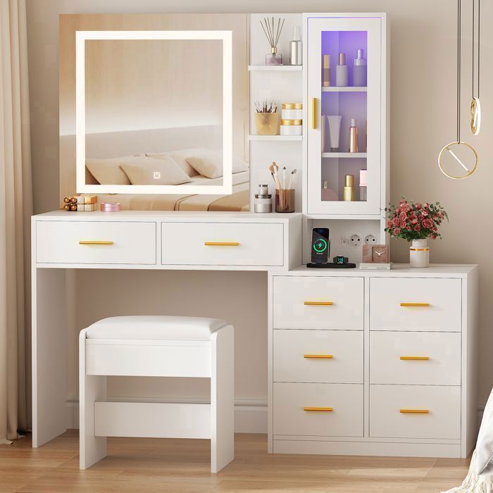 Coiffeuse avec Miroir et Tabouret, 2 Prises et Port USB, LED Réglable, 8 Tiroirs de Rangement, 1 Porte, Blanc