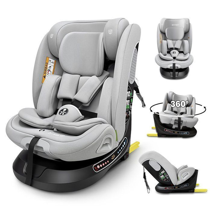 KITYTETY ISOFIX LATCH 360° Rotating Car Seat 40-150 cm, I-SIZE R129/04 - Group 0+/1/2/3, SIP Protection, Adjustable Recline - Grey