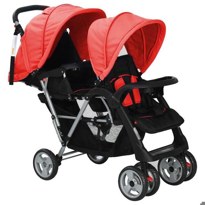 VIDAXL Double Stroller in Red and Black Steel - For Children 6 to 36 Months - Folding Canopies and Large Basket