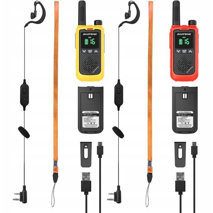 BF-T17 – Walkie-talkies – Paquete de 2 – 16 canales – Recargables por USB – Rojo y amarillo