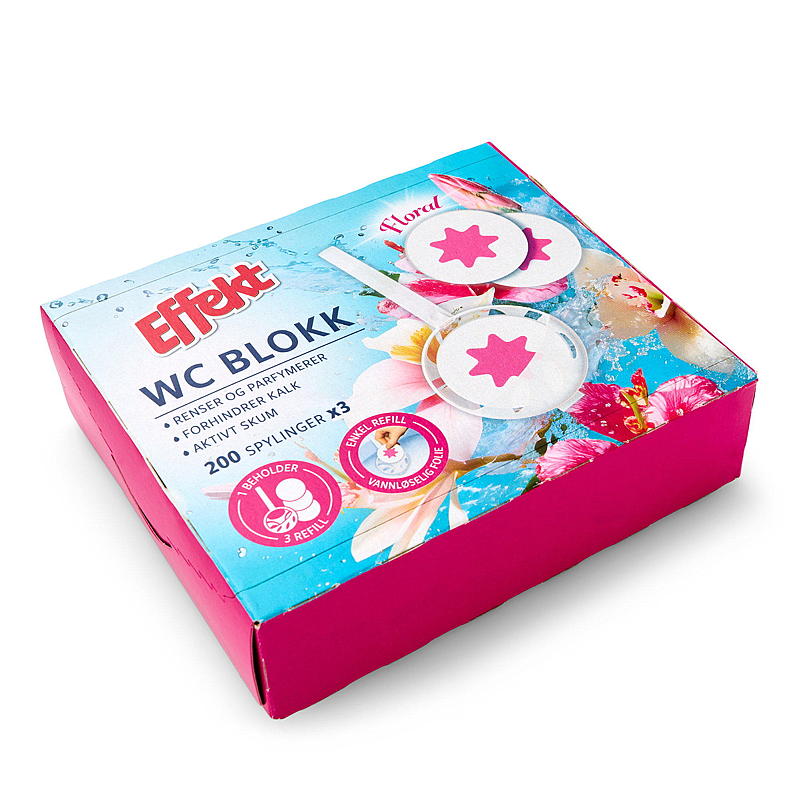 Bloque de inodoro Effect, paquete de 3, estampado floral, fácil carga, efecto