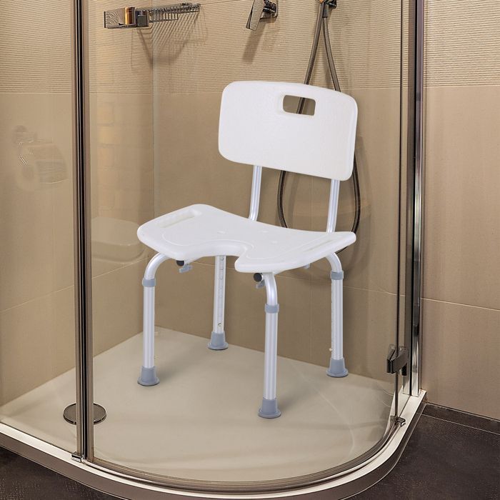 Chaise de douche - HOMCOM - ergonomique - hauteur réglable - pieds antidérapants - charge max. 136 Kg - alu HDPE - blanc
