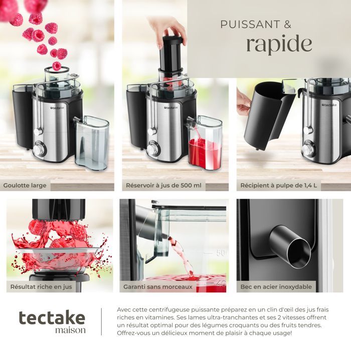 Centrifugeuse - TECTAKE - Extracteur de jus FRUFI en acier inoxydable à 2 vitesses 600W max 500ml
