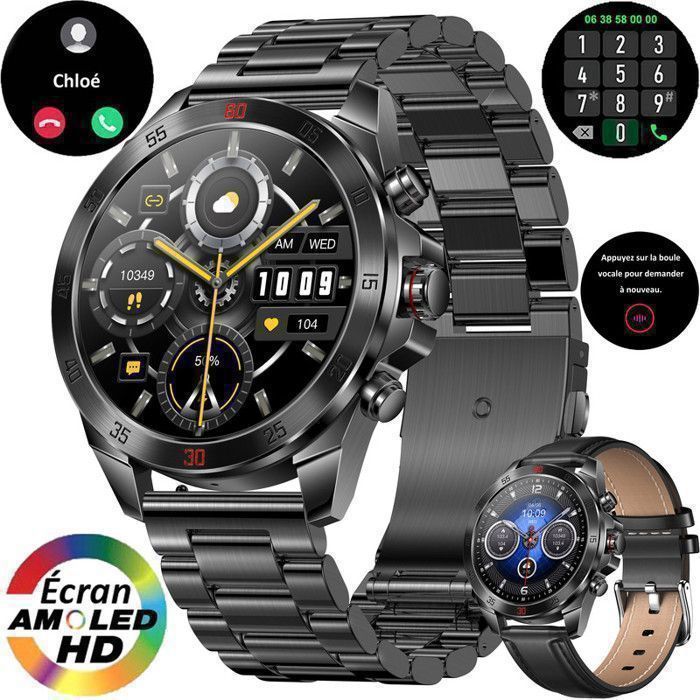 Montre Connectée Homme XtraDiTech Bracelet Acier Inoxydable Noir Luxe 1,43 AMOLED Appel Bleutooth Assistant Vocal Micro HautParleur