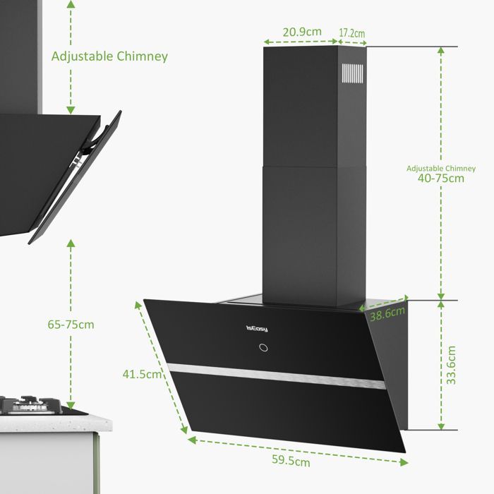 ISEASY Dunstabzugshaube – 60 cm – Schräg – Schwarz – 524 m³/h – Energieklasse A++