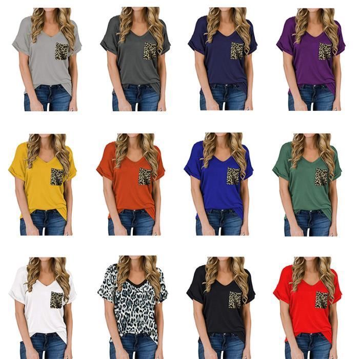 T-shirt femme col V rayures grande à demi-manches coton doux confortable Poignets bouclés LEOCLOTHO