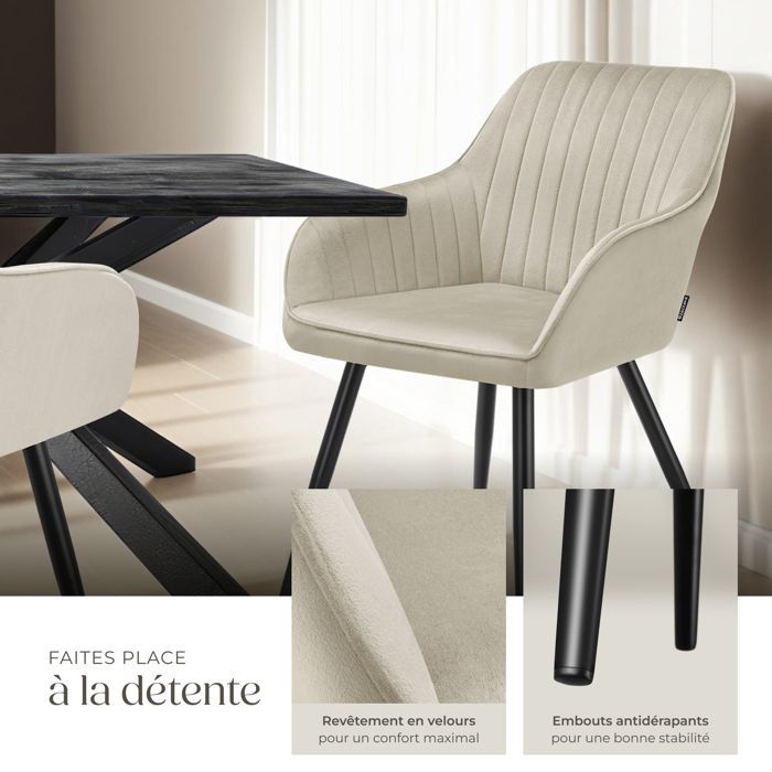 Stoelen - TECTAKE - Set van 2 MARYLIN eetkamerstoelen in fluweellook met zwarte stalen poten - Crème