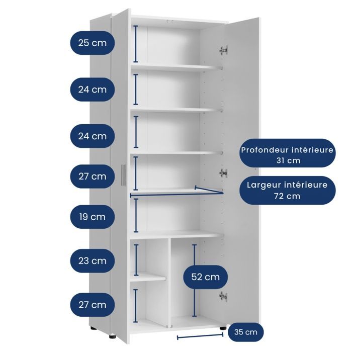 Armoire de rangement 2 portes - Armoire de bureau 6 étagères - 75x35x184 cm - Meuble de rangement - Blanc