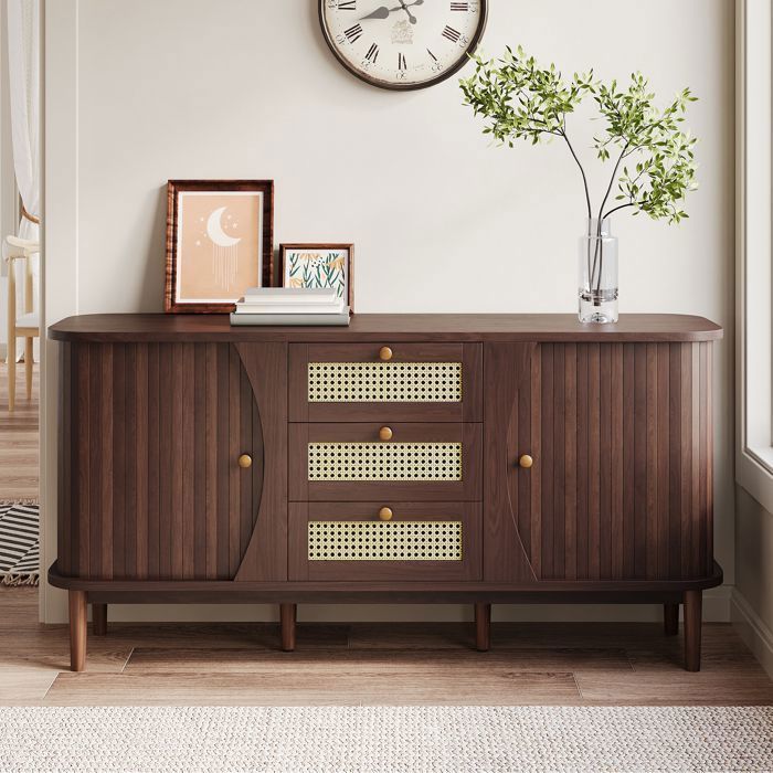 Buffet en Noyer 140 cm Commode en Rotin avec 3 Tiroirs de Rangement, 2 Portes et Étagères Réglables - pour Salon et Salle à Manger