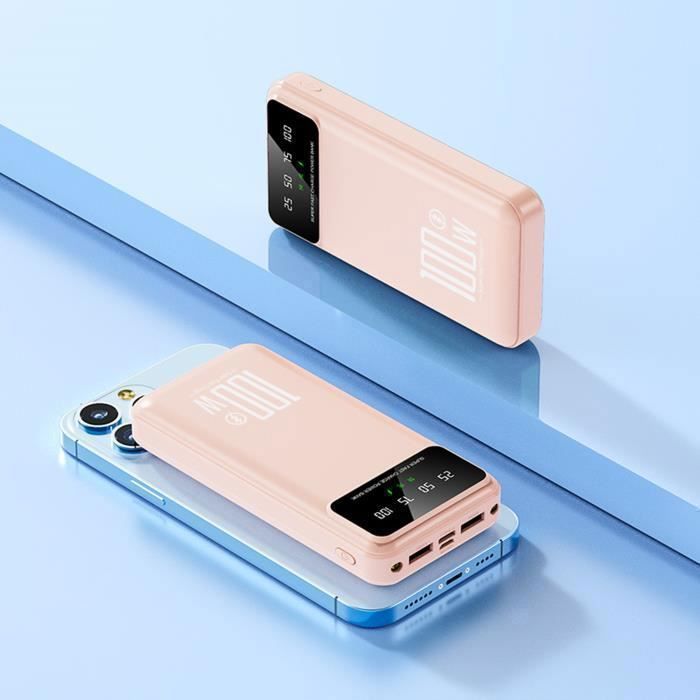 Portable 20000mAh External Battery, 22.5W Fast Charging, 4 Ports, with LED Display and Flashlight, for Smartphones and Tablets - Pink