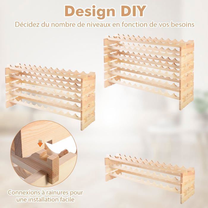 Wine Rack, 72-Bottle Capacity, Sturdy Pine Wood, Modular, 119 x 29 x 71.5 CM