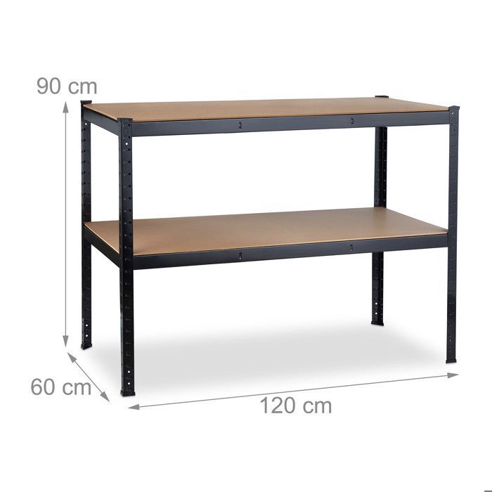 Banco de trabajo Relaxdays, 2 niveles, altura regulable, mesa de taller independiente, acero y MDF, 90 x 120 x 60 cm (alto x ancho x profundidad), negro.