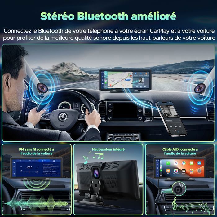 CAMPARK Auto Radio de 10'' con Carplay inalámbrico, cámara frontal 2.5K+1080P y cámara trasera con pantalla táctil para Apple Carplay/Android Auto.