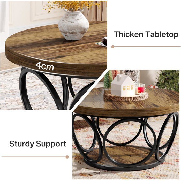 Tribesigns Table Basse Ronde 2 Niveaux, Table de Salon Bois 80 cm, Structure en métal, Industriel Style, Marron Rustique