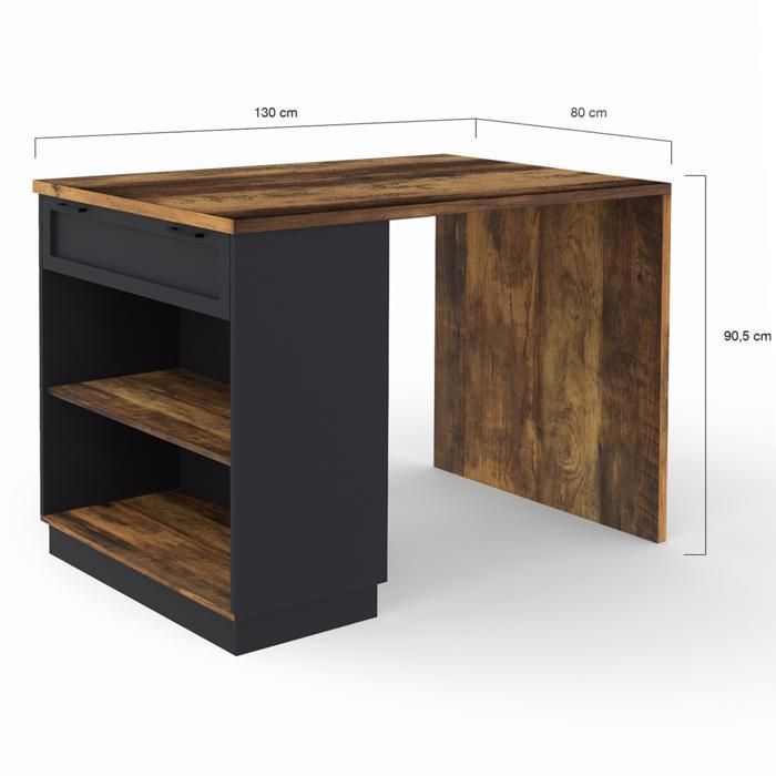 IDMARKET VITO Mesa alta tipo isla de 130 cm con efecto madera oscura y color negro para 4 personas HAWKINS