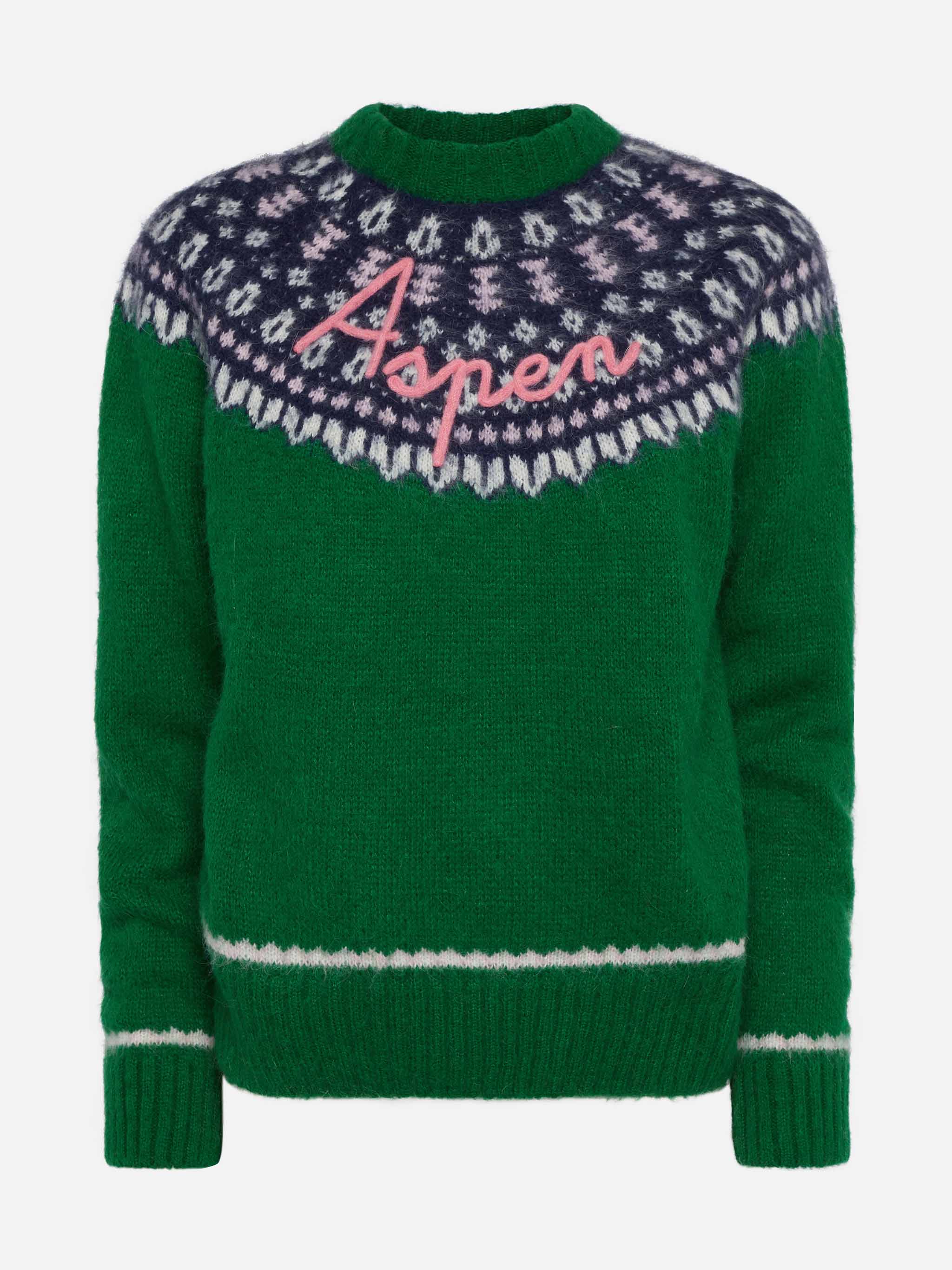 Queen Nordic zachtgroene trui met Fair Isle jacquard en Aspen-borduurwerk.