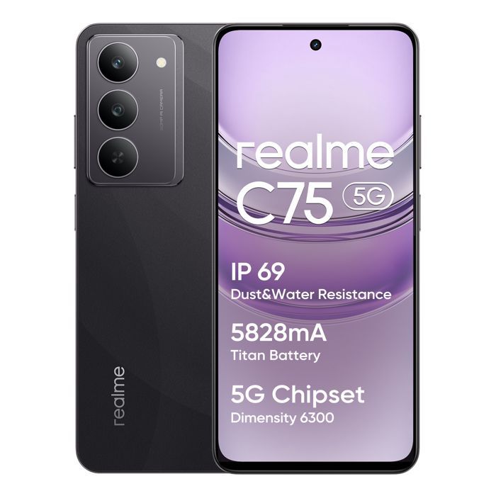 Smartphone realme C75 5G 8+256 GB, IP69, batería de 5828 mAh, chipset Dimensity 6300 5G, color dorado.