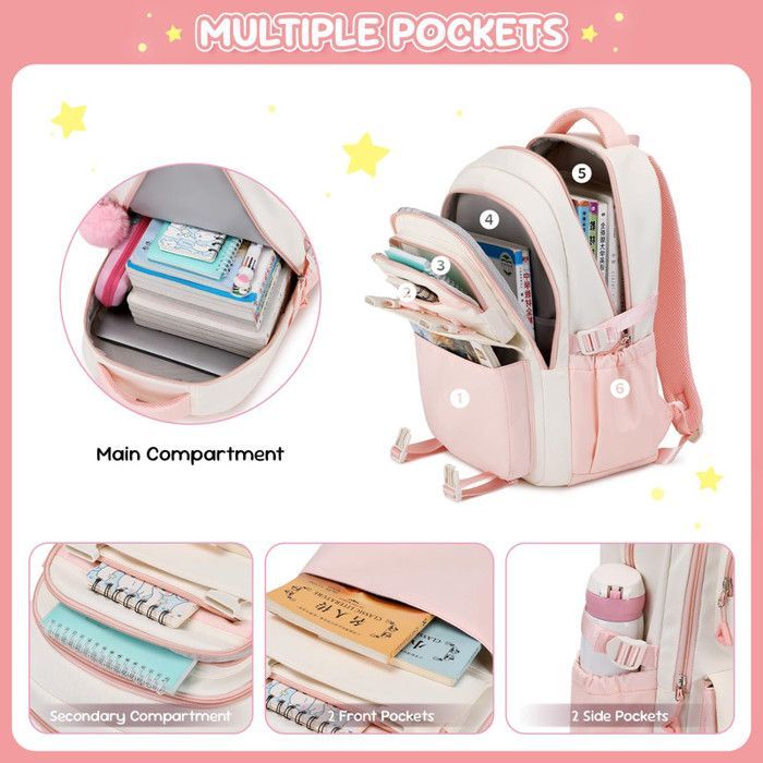 Girls' Primary School Backpack, Children's Backpack for Grades 4 and 5, School Bag with Tassel Pendant, Casual School Bag, Pink