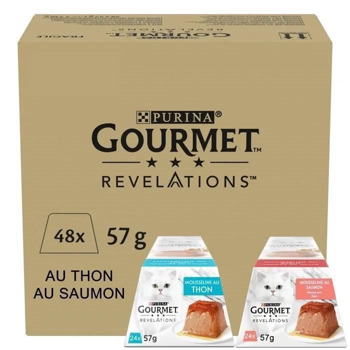 GOURMET REVELATIONS Thunfisch- und Lachsmousseline mit Sauce - 48 x 57 g - Mahlzeitenportionen für ausgewachsene Katzen