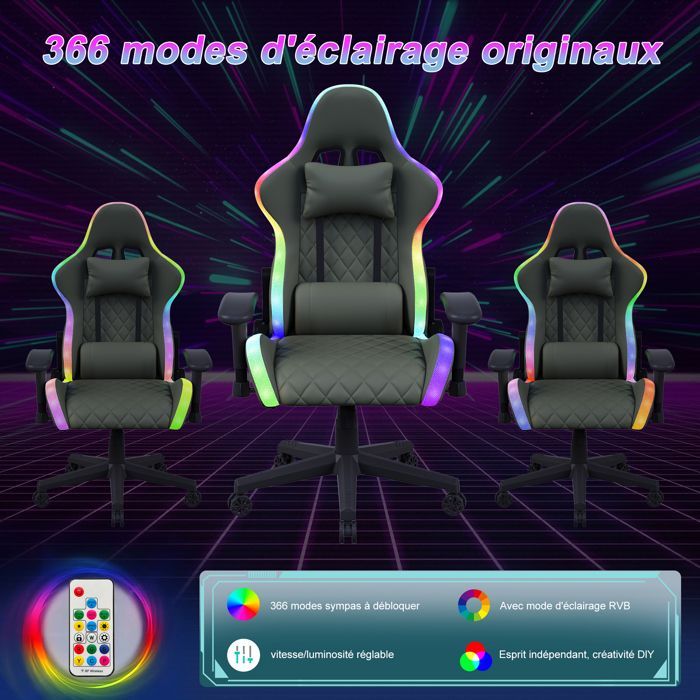 Cadeira gamer com iluminação LED RGB, LUMINARIX, com massagem lombar e apoio de cabeça, encosto ajustável, cadeira de escritório ergonômica, preta.