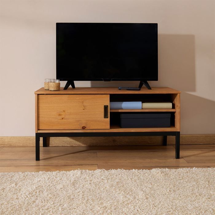 SELMA tv-meubel, 98 cm breed tv-meubel in een industriële vintage designstijl met 1 schuifdeur, gemaakt van massief grenenhout met een lichtbruine beits.