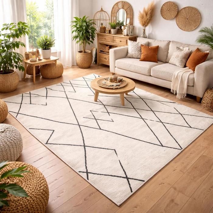 Alfombra bereber de 200x280 cm con motivos tribales tejidos, color crema NALADON.