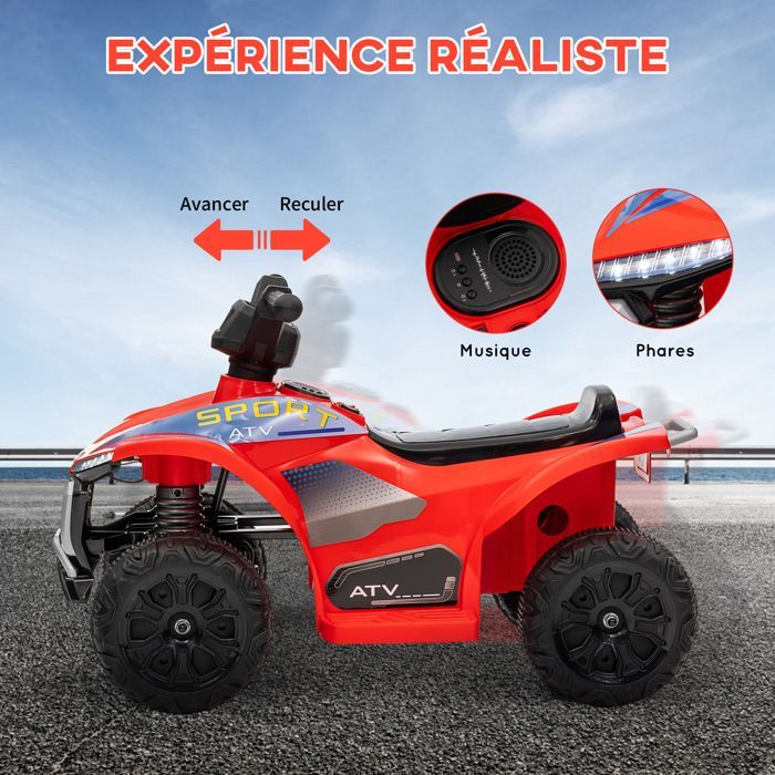 Quad eléctrico infantil AIYAPLAY - 6V - Velocidad máxima: 2,5 km/h - Con faros - Para niños de 18 a 36 meses - Rojo