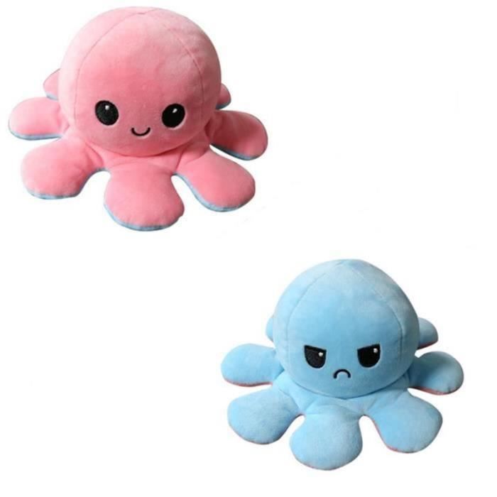 DOUDOU Simpatico peluche a forma di polpo reversibile, bambola animale reversibile, regalo per bambini, rosa + azzurro