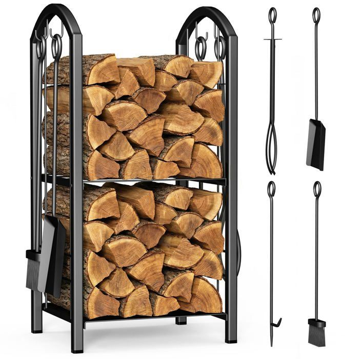 Soporte metálico para leña VOUNOT® para chimenea - Estante para almacenar leña con 4 herramientas incluidas - Negro
