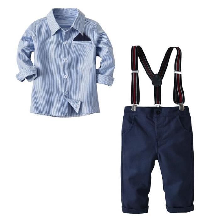 Completo da ragazzo a due pezzi con camicia a righe e bretelle, stile business - Blu