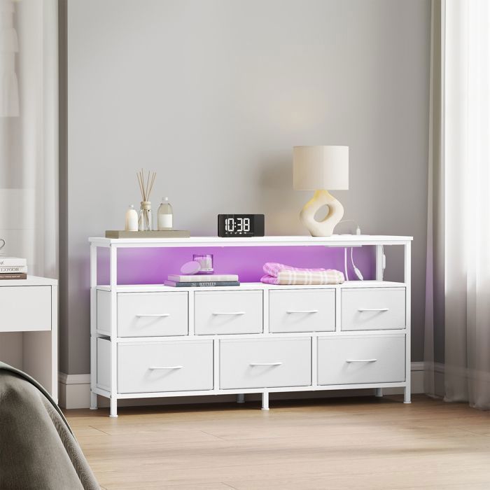 Cómoda con iluminación LED regulable y regleta, 7 cajones de tela, estilo moderno, dormitorio, blanca