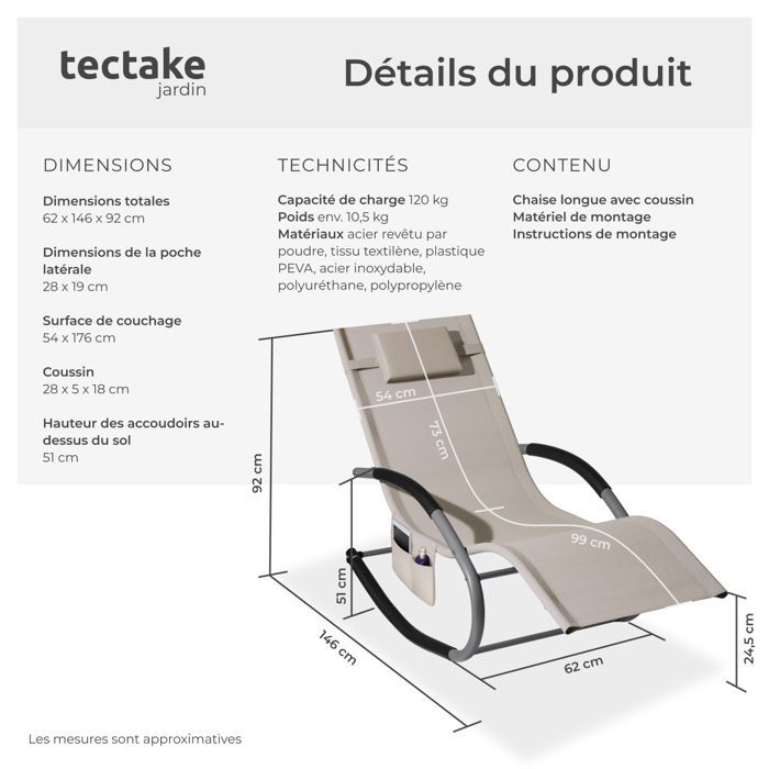 Chaise longue - TECTAKE - TAYA, sedia a sdraio ergonomica da giardino con funzione dondolo e braccioli curvi - Beige