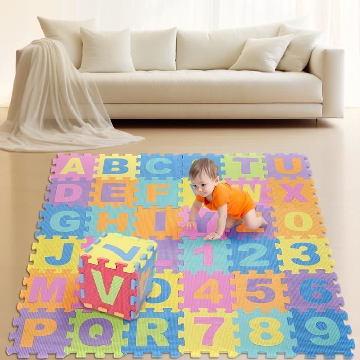Yipeema. Alfombra de juegos para bebés 3 en 1 de 36 piezas: alfabetos, números y animales. Alfombra tipo puzle de espuma EVA multicolor.