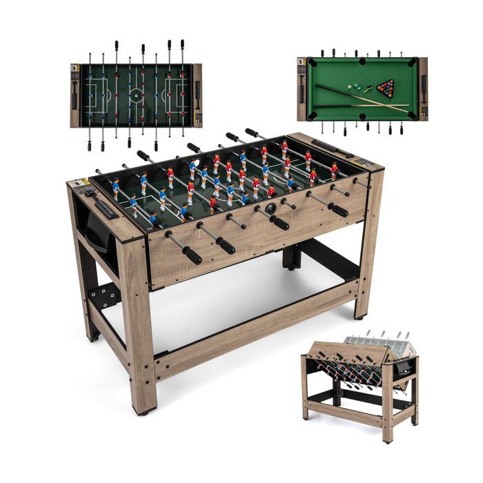 Mesa multijuegos convertible 2 en 1 GIANTEX, futbolín y billar, con numerosos accesorios, 26 jugadores, tacos y bolas, para 2-4 adultos.