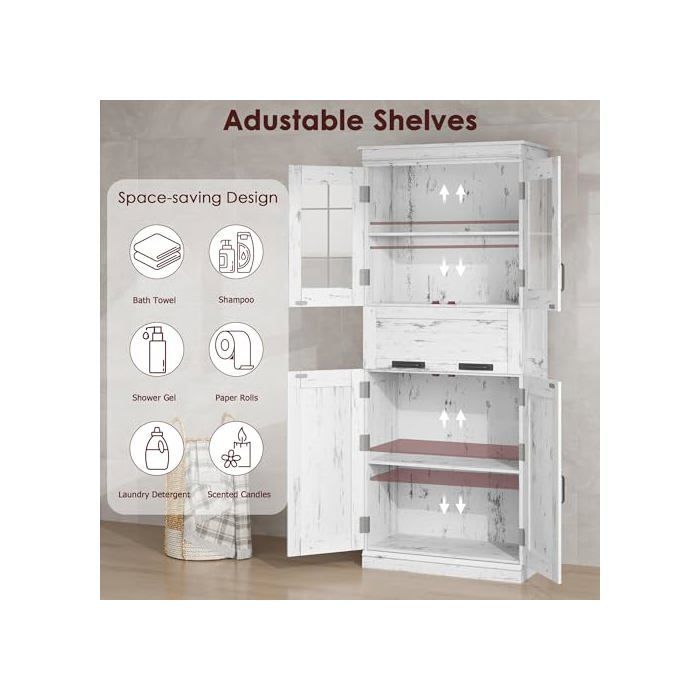 Bathroom Cabinet, 170 cm Tall Unit, Storage with Adjustable Shelves, 4 Doors, 1 Drawer, Compartment, White