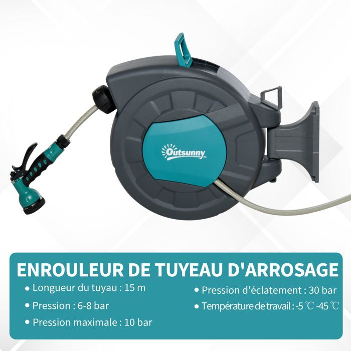 Enrouleur automatique - Outsunny - tuyau arrosage pivotant 180° tuyau 15+1,4 m lance support - plastique - turquoise gris