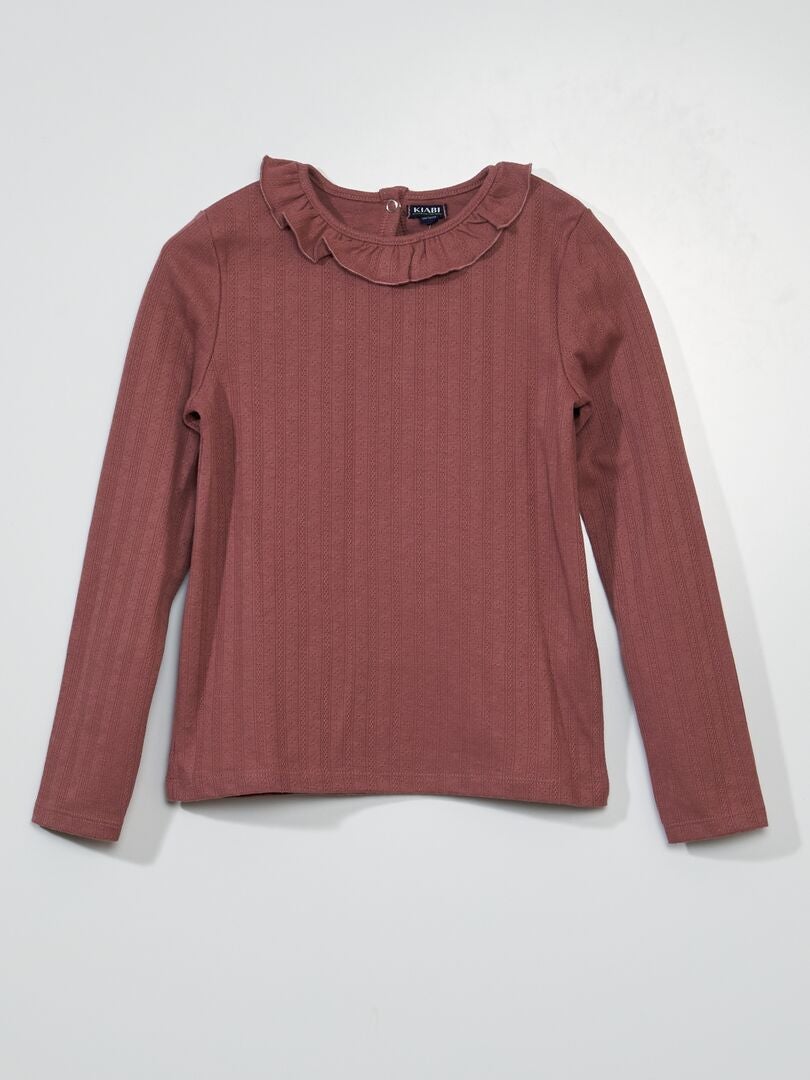 T-shirt met lange mouwen en rucheskraag - ROZE