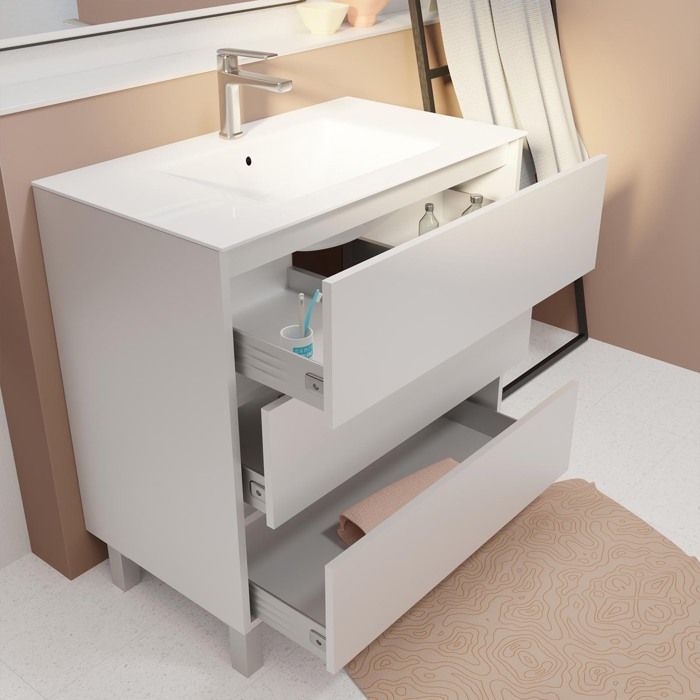 Mueble de baño XENOS de 80 cm, lacado en blanco, con 3 cajones y lavabo de cerámica.
