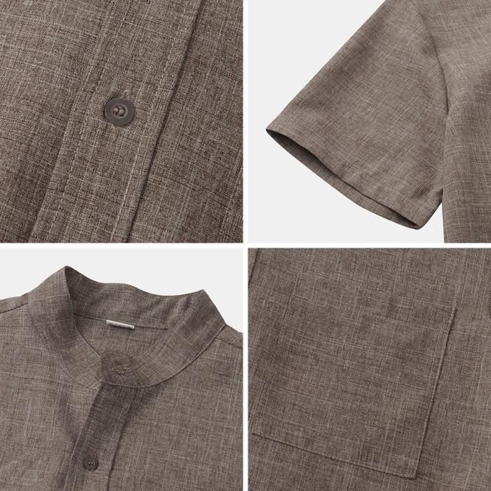 Camisa de verano para hombre de algodón y lino, transpirable, manga corta, corte regular - Verde claro - INSFITY