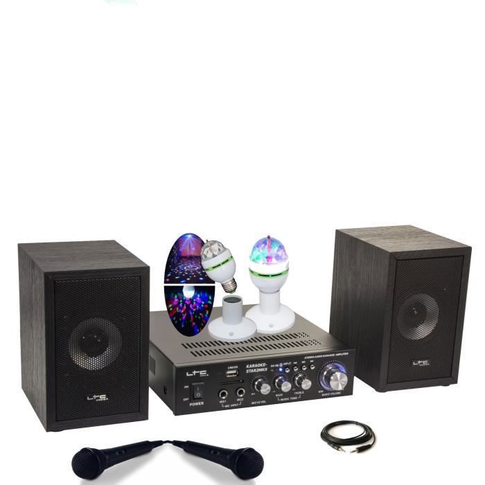 KARAOKE-STAR2MKII Kinderpakket - 2 luidsprekers, 2 microfoons, 1 Bluetooth-versterker, USB, SD, 100W - Draaiende RGB LED-astroshow - Cadeau