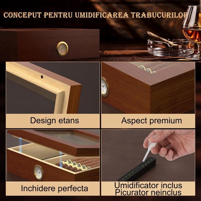 Humidor per sigari in legno di cedro con umidificatore, igrometro e coperchio in vetro per 20-25 sigari, colore marrone.