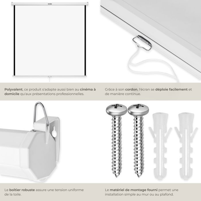 Pantalla de proyección - TECTAKE - Pantalla de proyección extensible de poliéster de 178 x 178 cm - Blanca