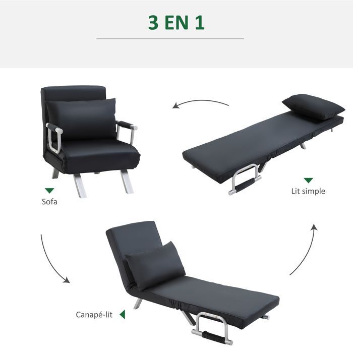 Sillón/sofá cama convertible - HOMCOM - 1 plaza con funda extraíble para máximo confort - metal efecto ante - negro