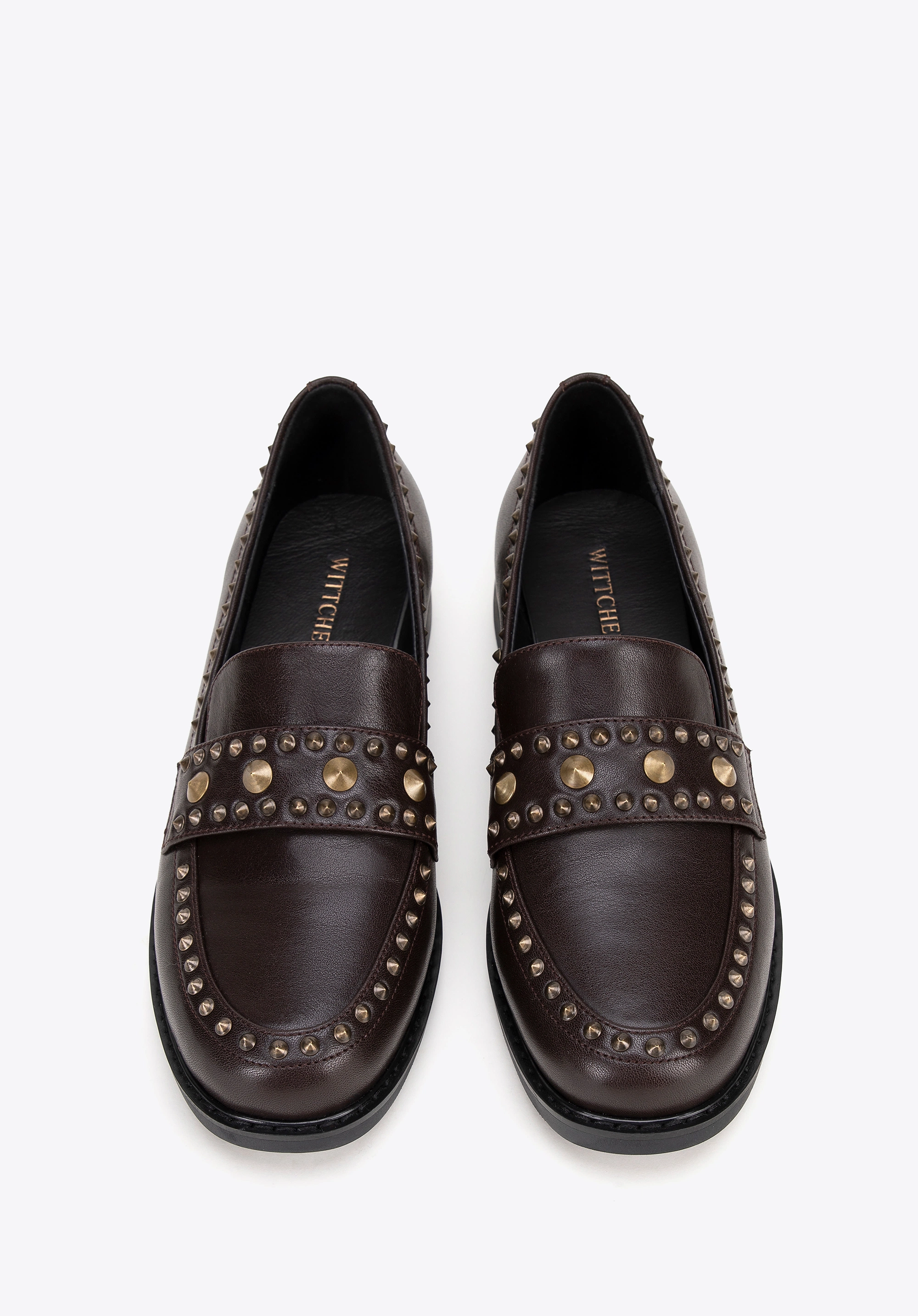 Damskie loafersy skórzane z ozdobnymi nitami brązowe