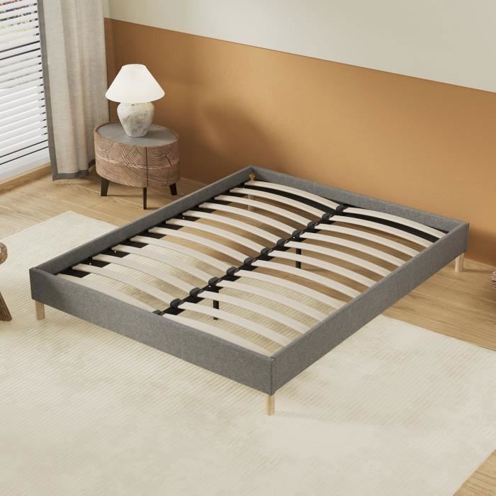 Cama com estrado de ripas 160 x 200 cm - Estofada em tecido cinza - Estável e robusta - Pés centrais reforçados