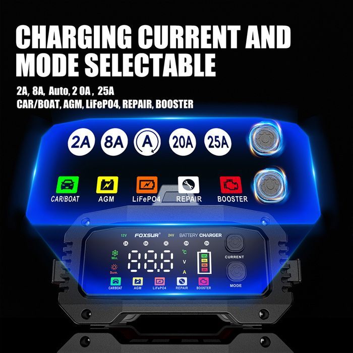 Carregador portátil inteligente para baterias de carro, 25A/15A, para motocicletas de 12V e 24V, baterias de chumbo-ácido AGM LiFePO4, com corrente de carregamento opcional.