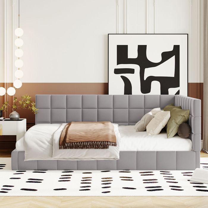 MEUBLIV Lit banquette capitonné 140x200cm lit adulte avec sommier à lattes, velours, gris