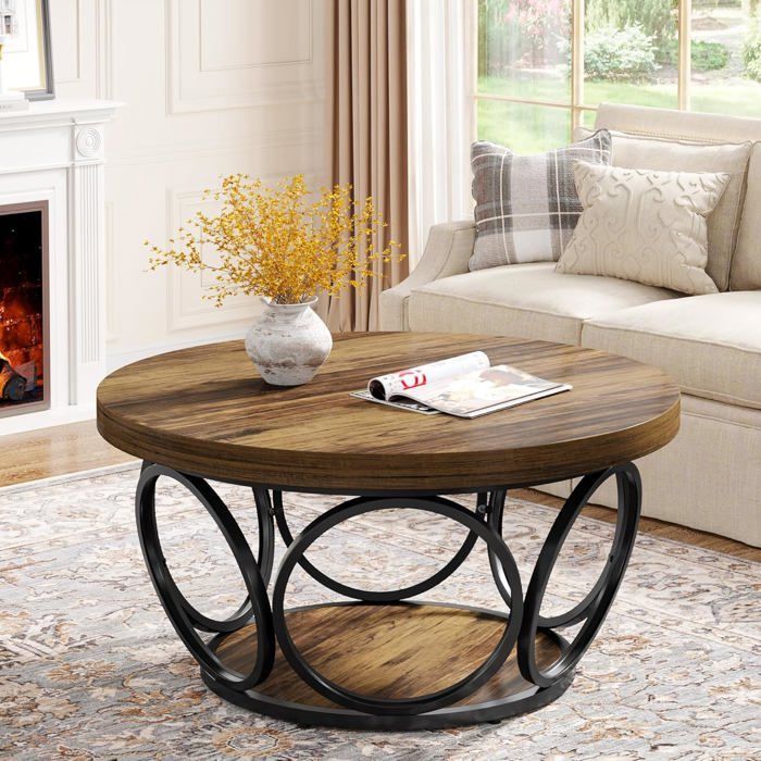 Tribesigns Table Basse Ronde 2 Niveaux, Table de Salon Bois 80 cm, Structure en métal, Industriel Style, Marron Rustique